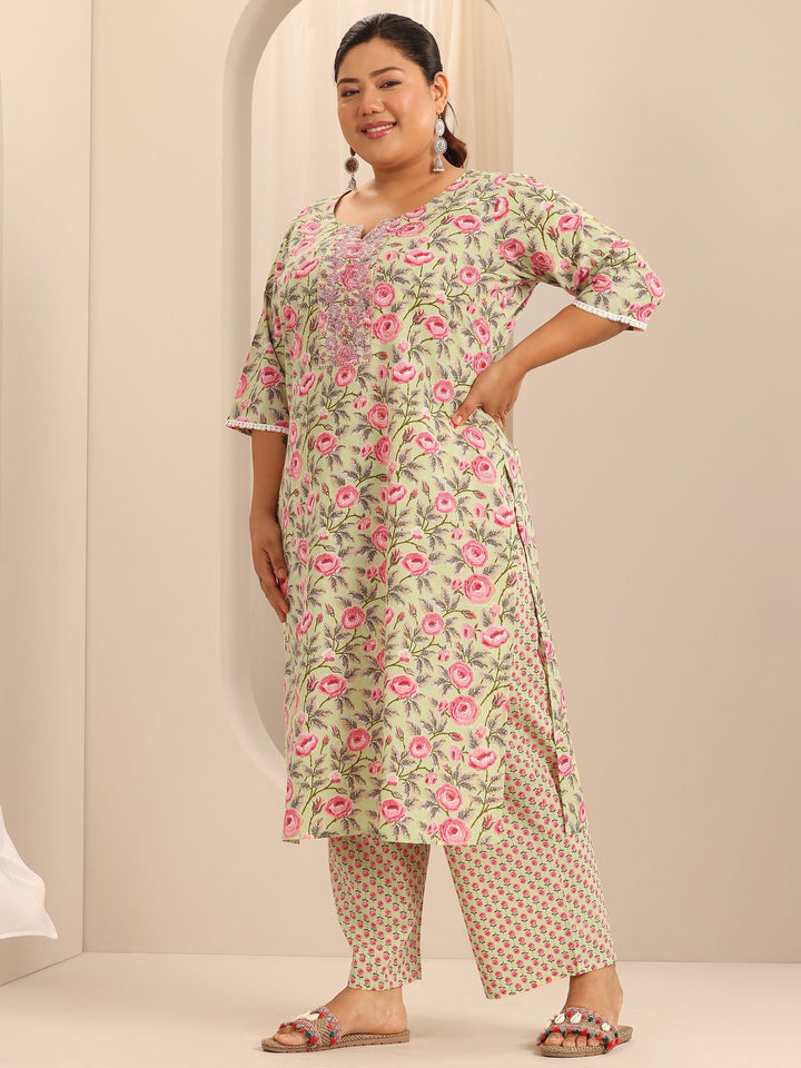 Plus Size Green Printed Cotton Straight Kurta Set