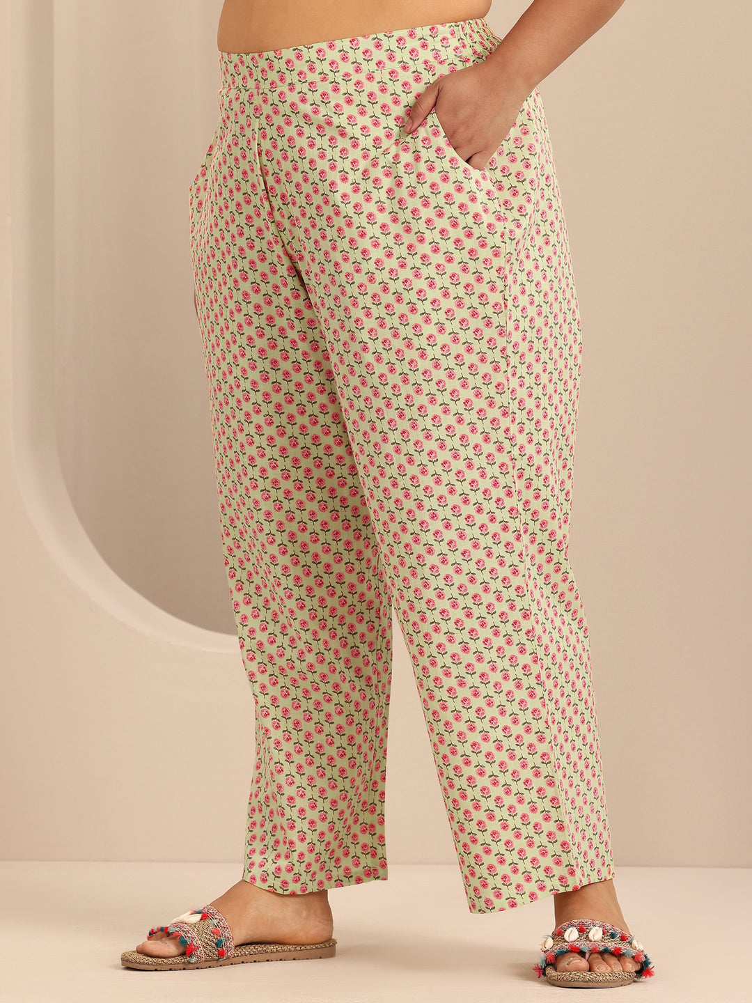 Plus Size Green Printed Cotton Straight Kurta Set