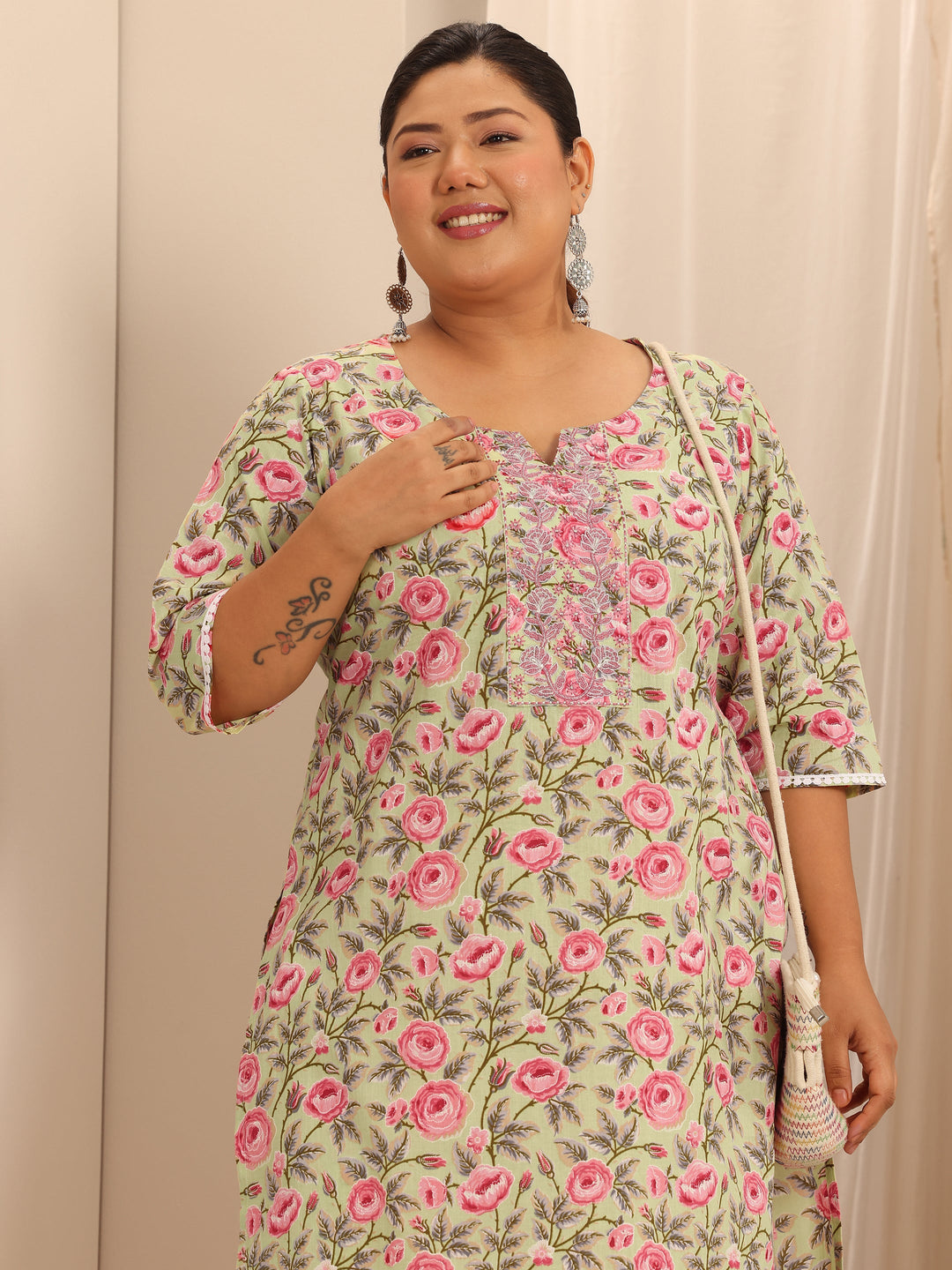 Plus Size Green Printed Cotton Straight Kurta Set