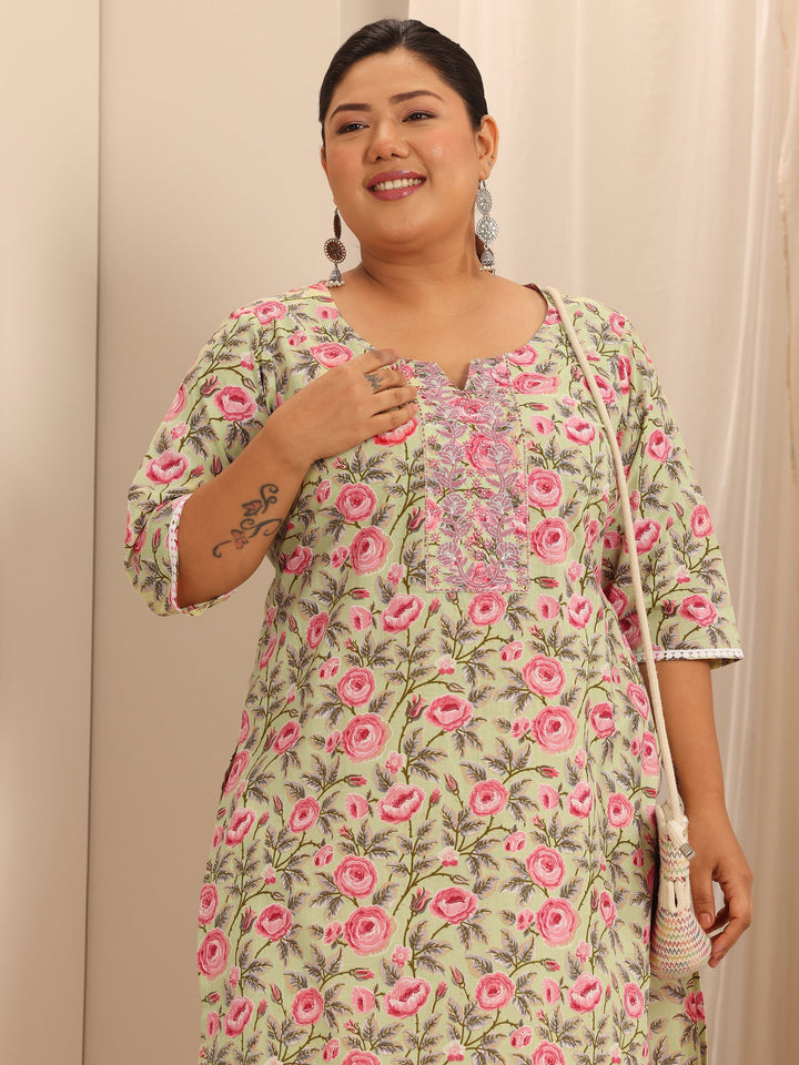 Plus Size Green Printed Cotton Straight Kurta Set