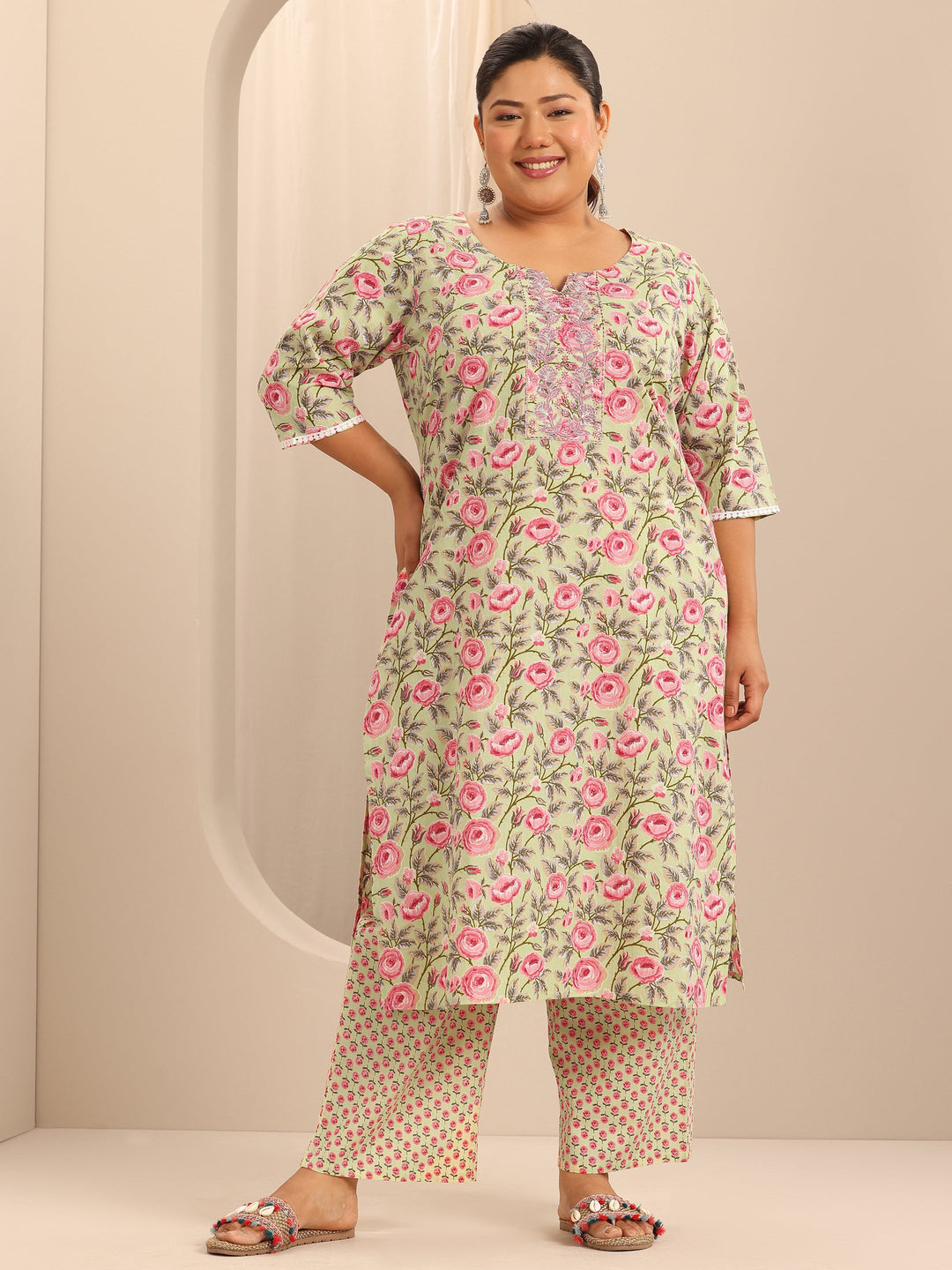 Plus Size Green Printed Cotton Straight Kurta Set