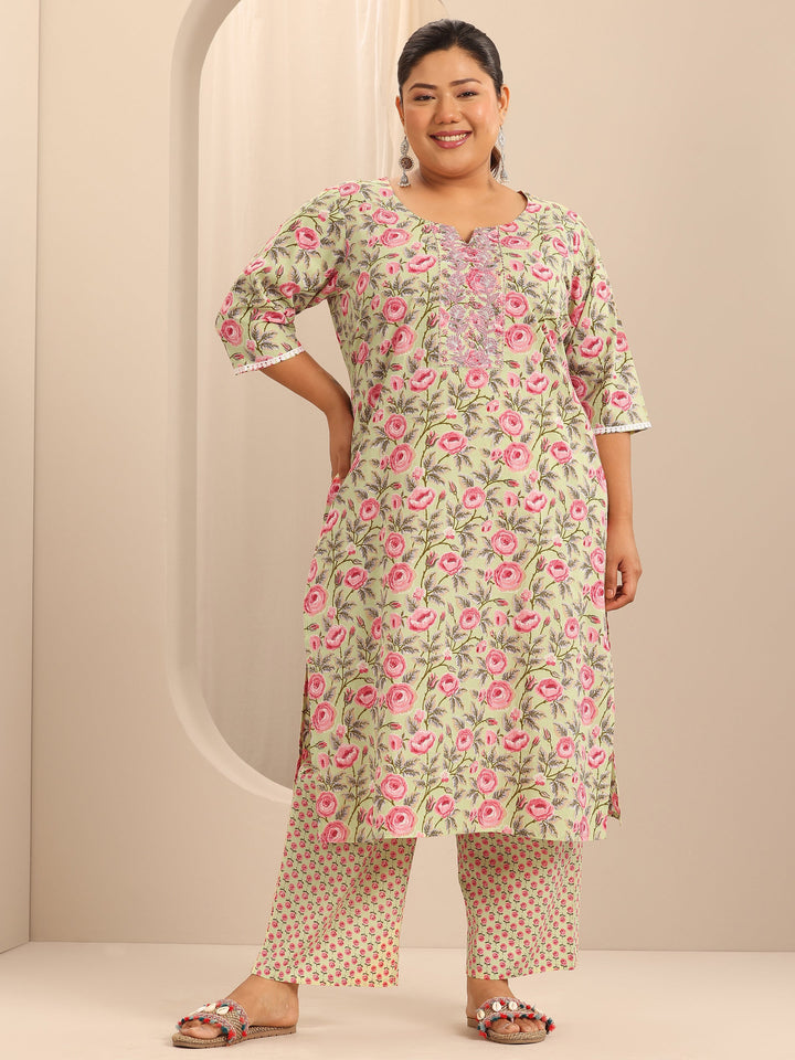 Plus Size Green Printed Cotton Straight Kurta Set