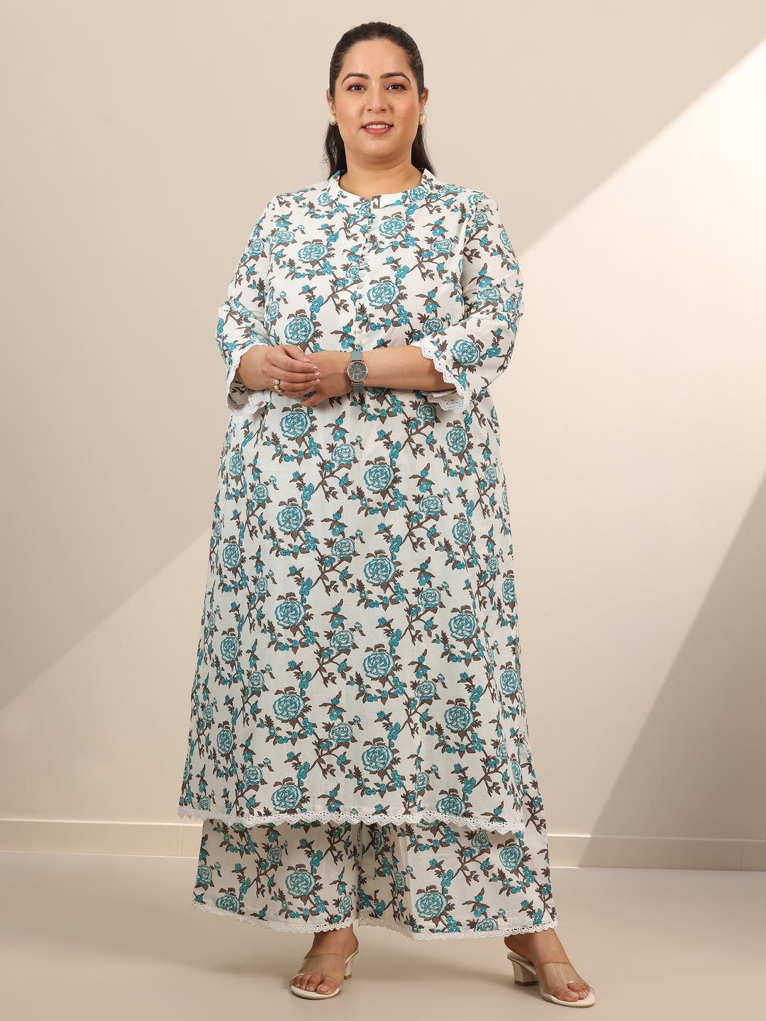 Plus Size Off White Printed Cotton Straight Kurta Set