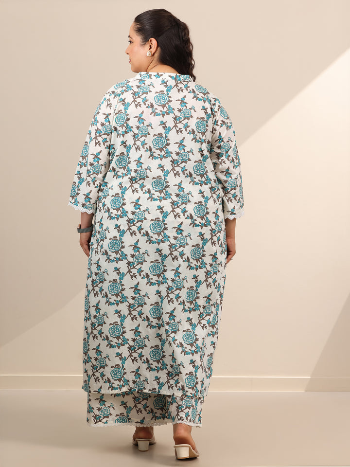 Plus Size Off White Printed Cotton Straight Kurta Set
