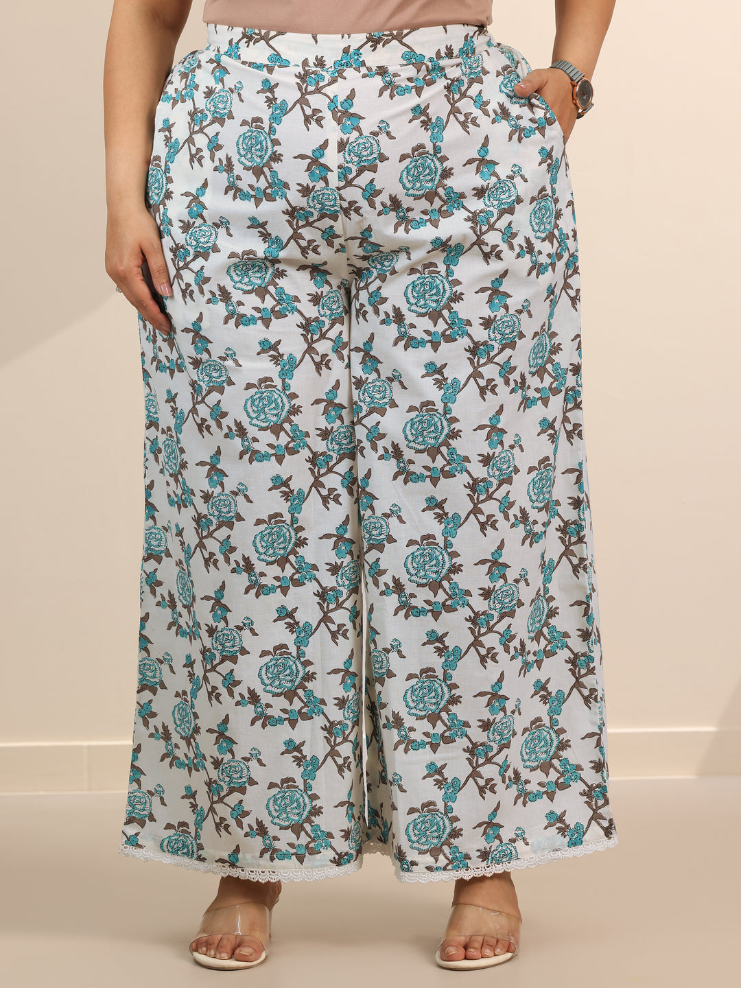 Plus Size Off White Printed Cotton Straight Kurta Set