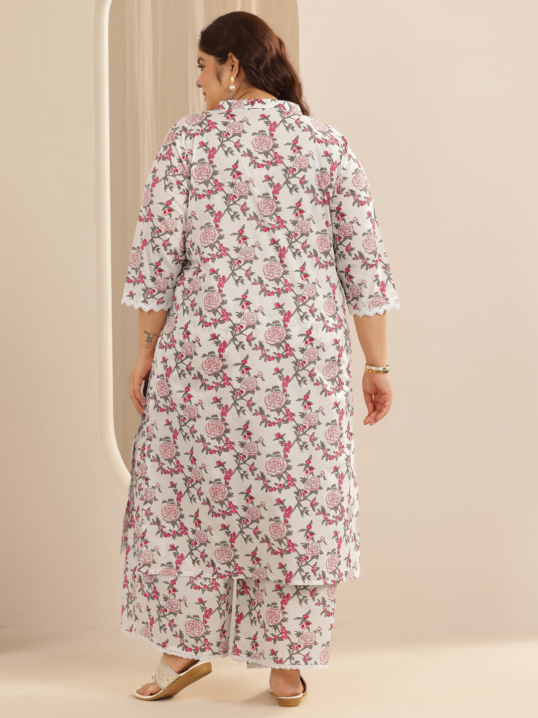 Plus Size Off White Printed Cotton Blend Straight Kurta Set