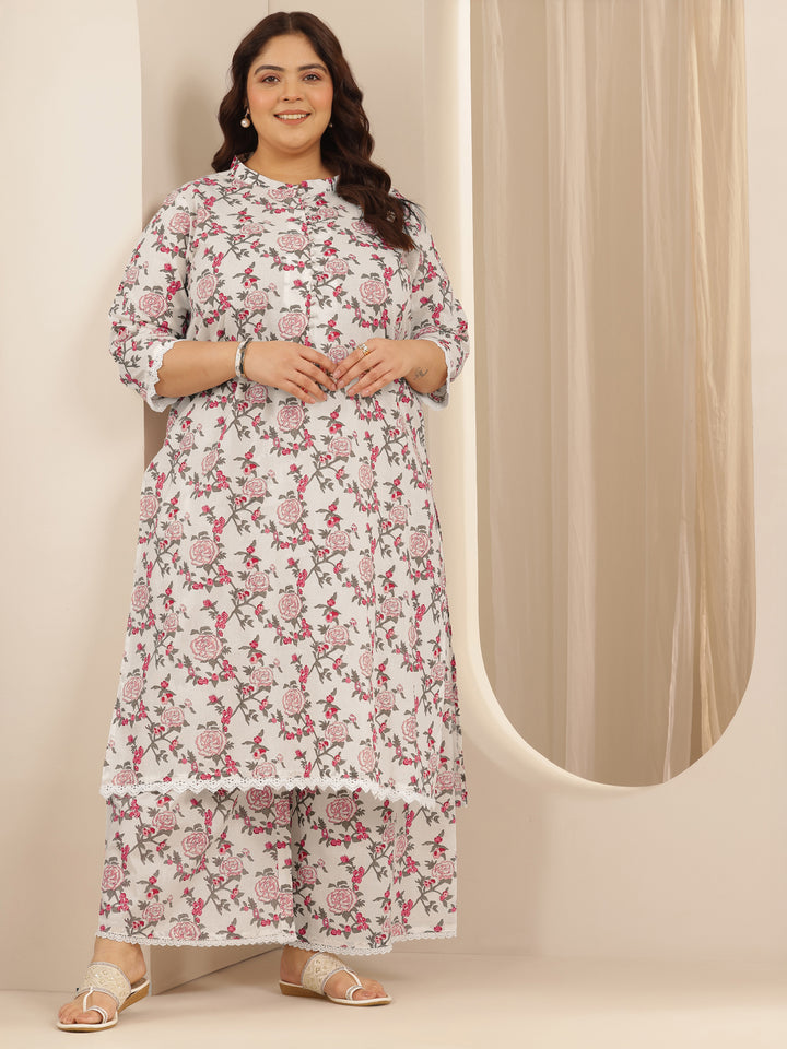 Plus Size Off White Printed Cotton Blend Straight Kurta Set