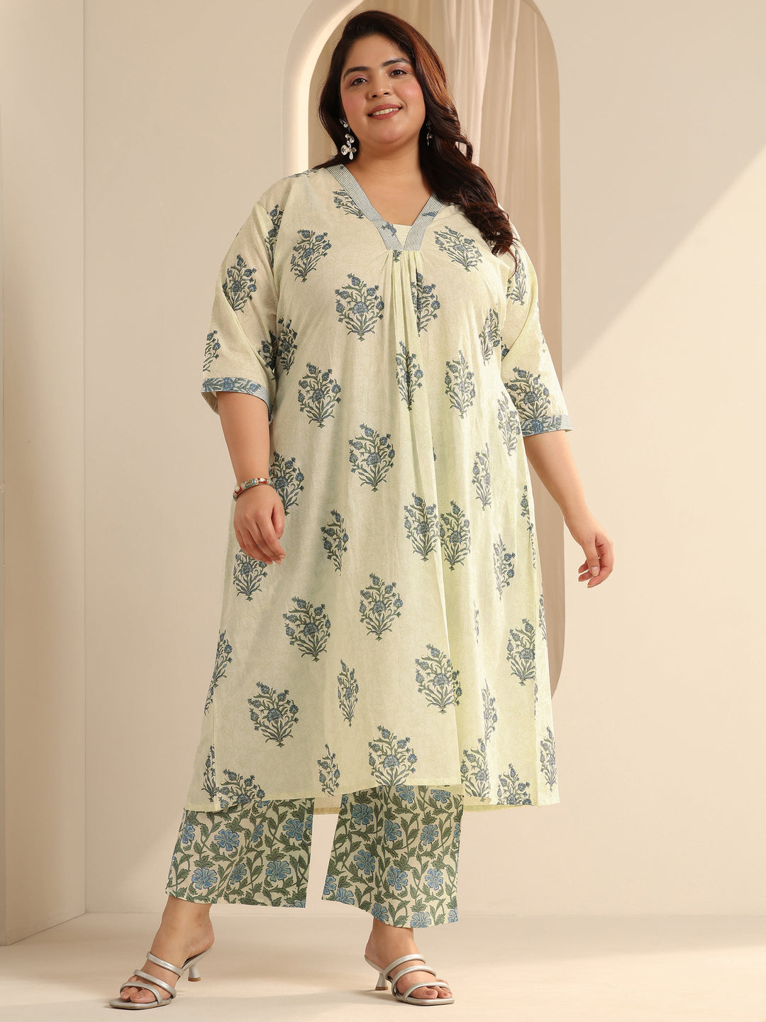 Off White Printed Cotton Blend A-Line Kurta Set