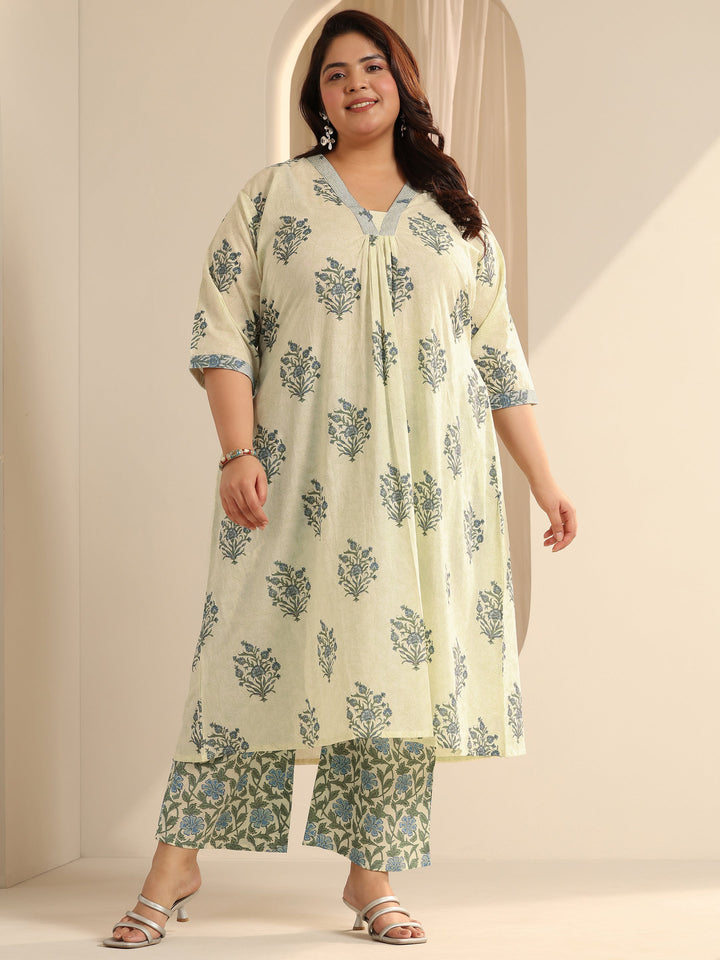 Off White Printed Cotton Blend A-Line Kurta Set