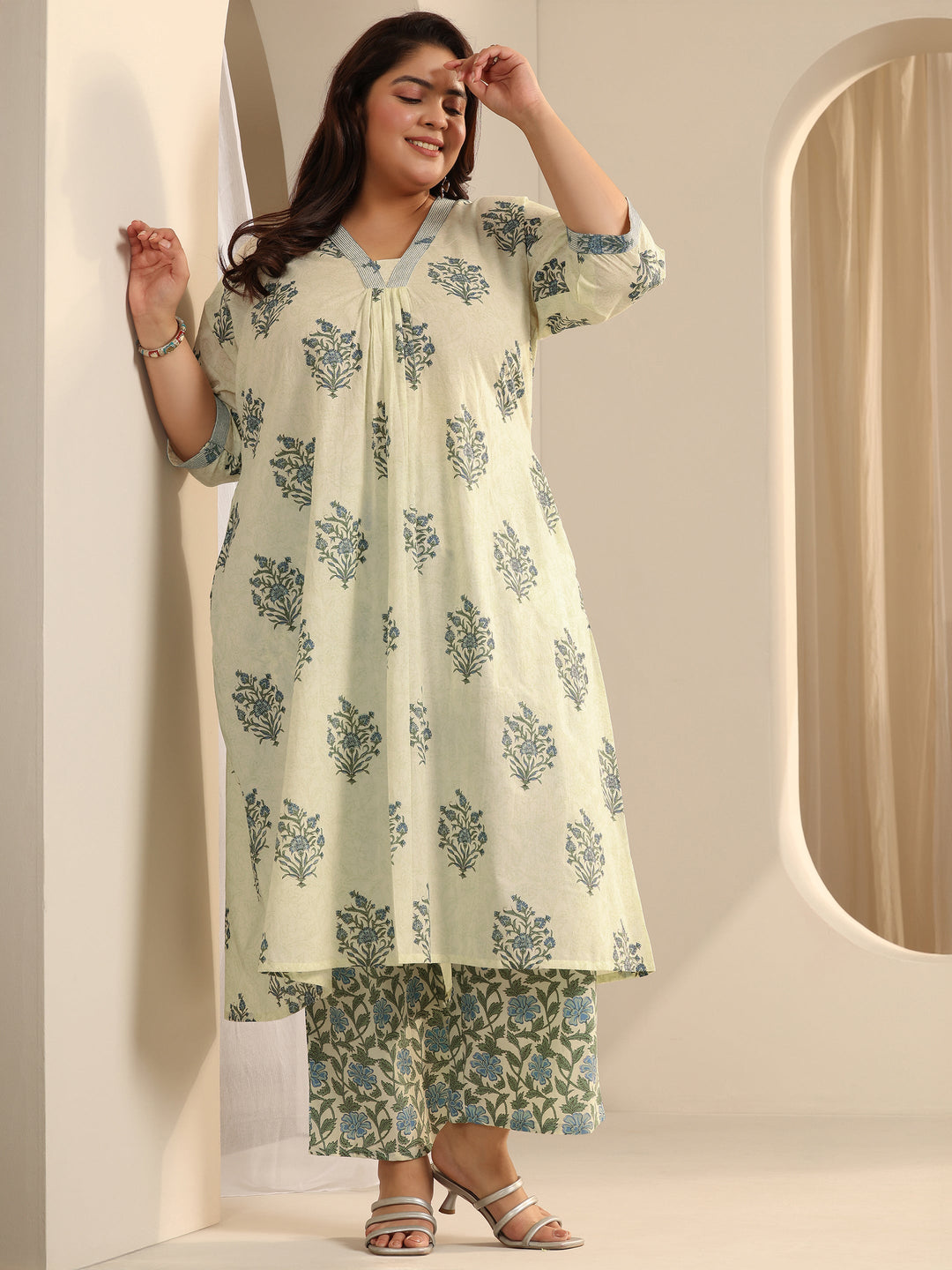 Off White Printed Cotton Blend A-Line Kurta Set