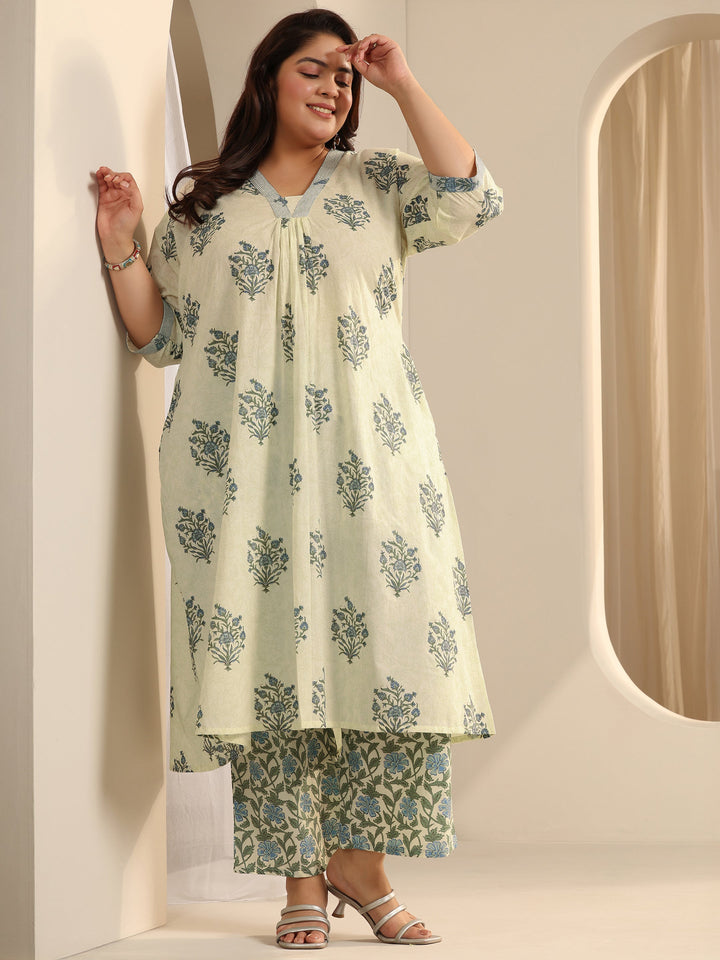 Off White Printed Cotton Blend A-Line Kurta Set