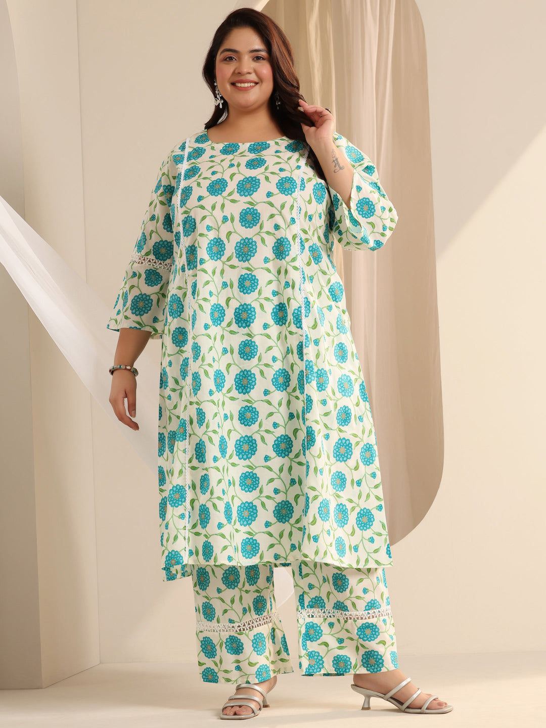 Off White Printed Cotton Blend Straight Kurta Set