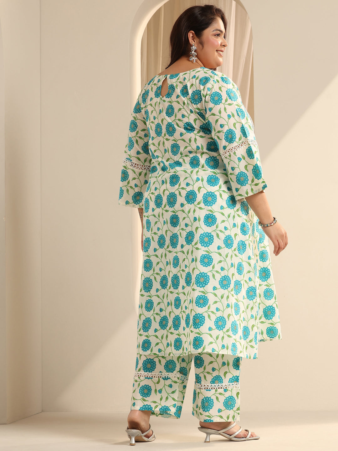 Off White Printed Cotton Blend Straight Kurta Set