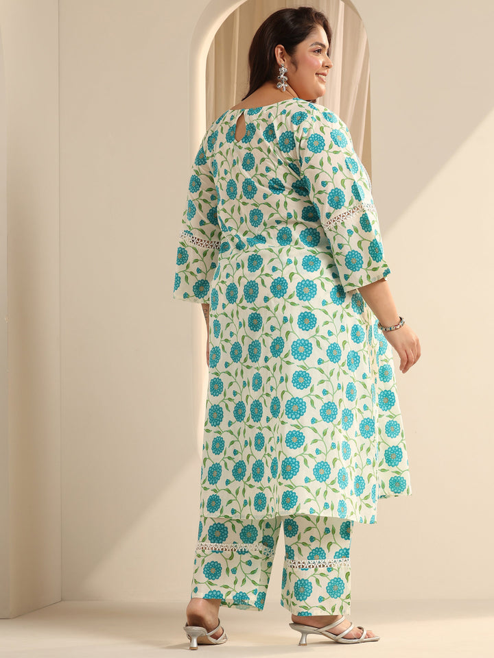 Off White Printed Cotton Blend Straight Kurta Set