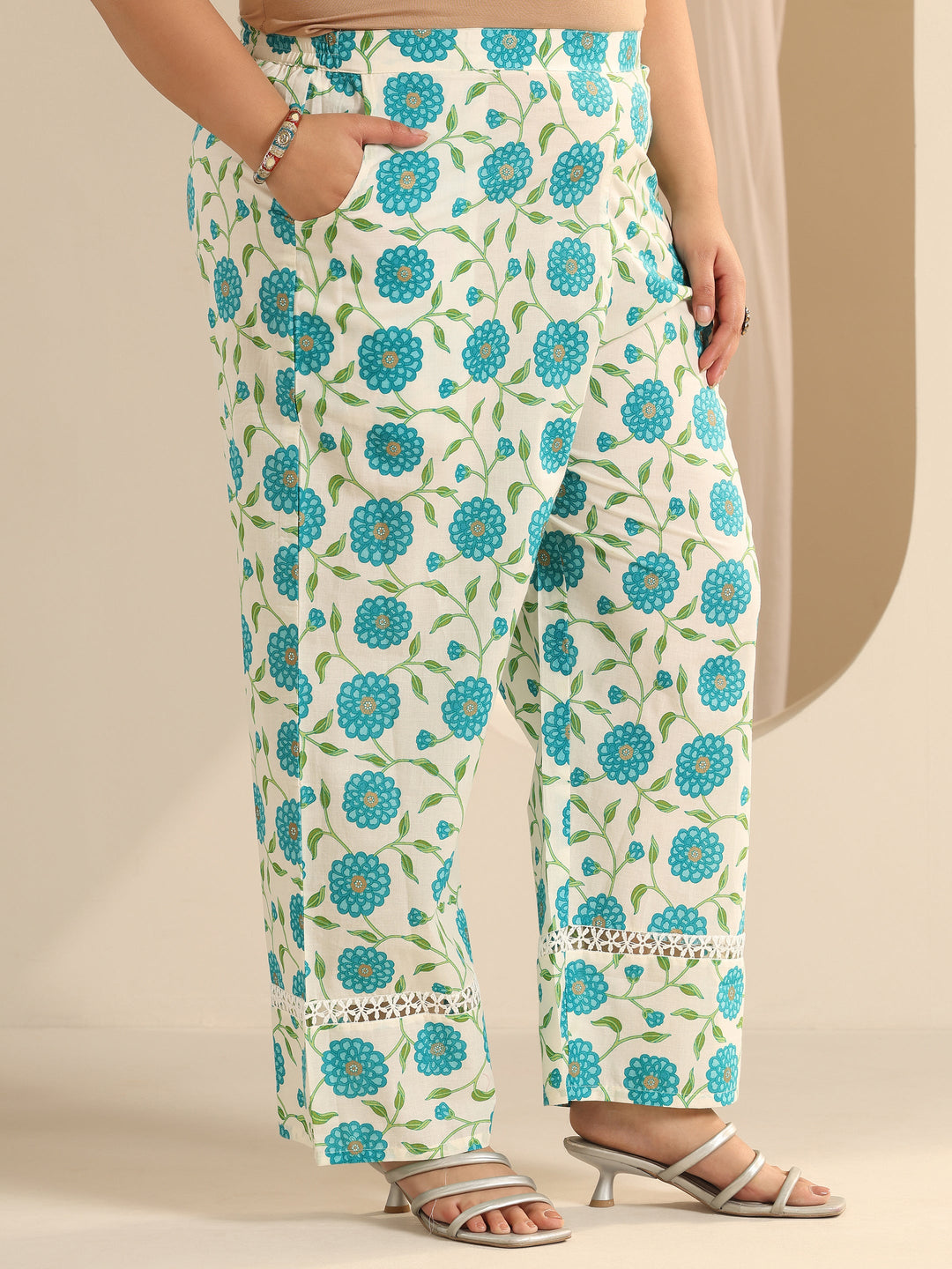 Off White Printed Cotton Blend Straight Kurta Set