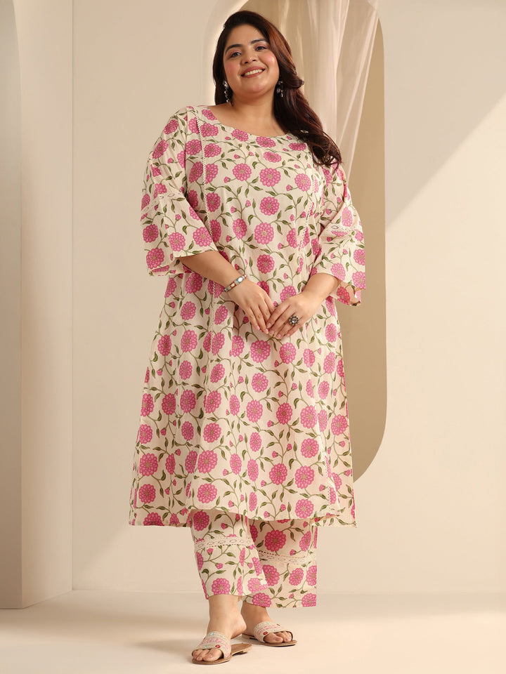 Off White Printed Cotton Blend Straight Kurta Set