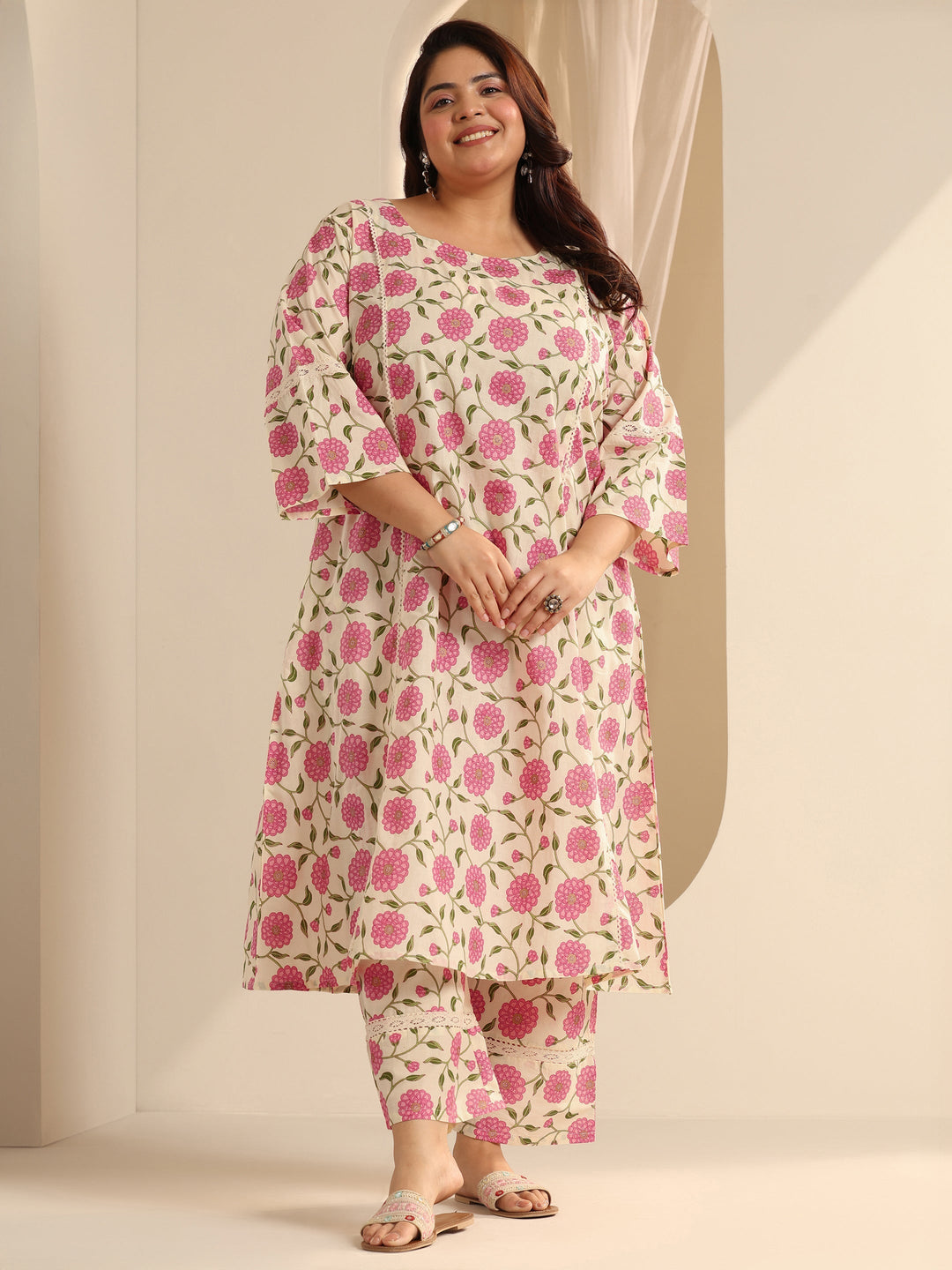 Off White Printed Cotton Blend Straight Kurta Set