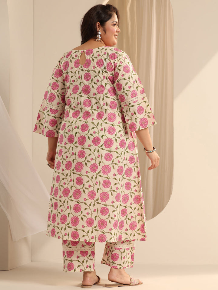 Off White Printed Cotton Blend Straight Kurta Set