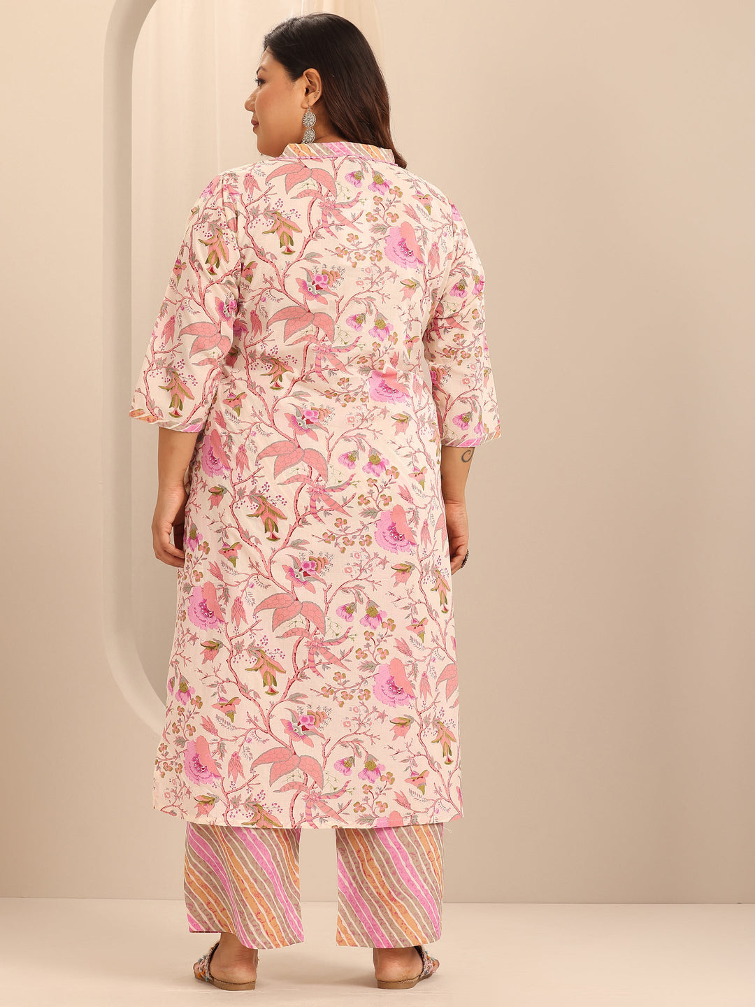 Plus Size Off White Printed Cotton Straight Kurta Set