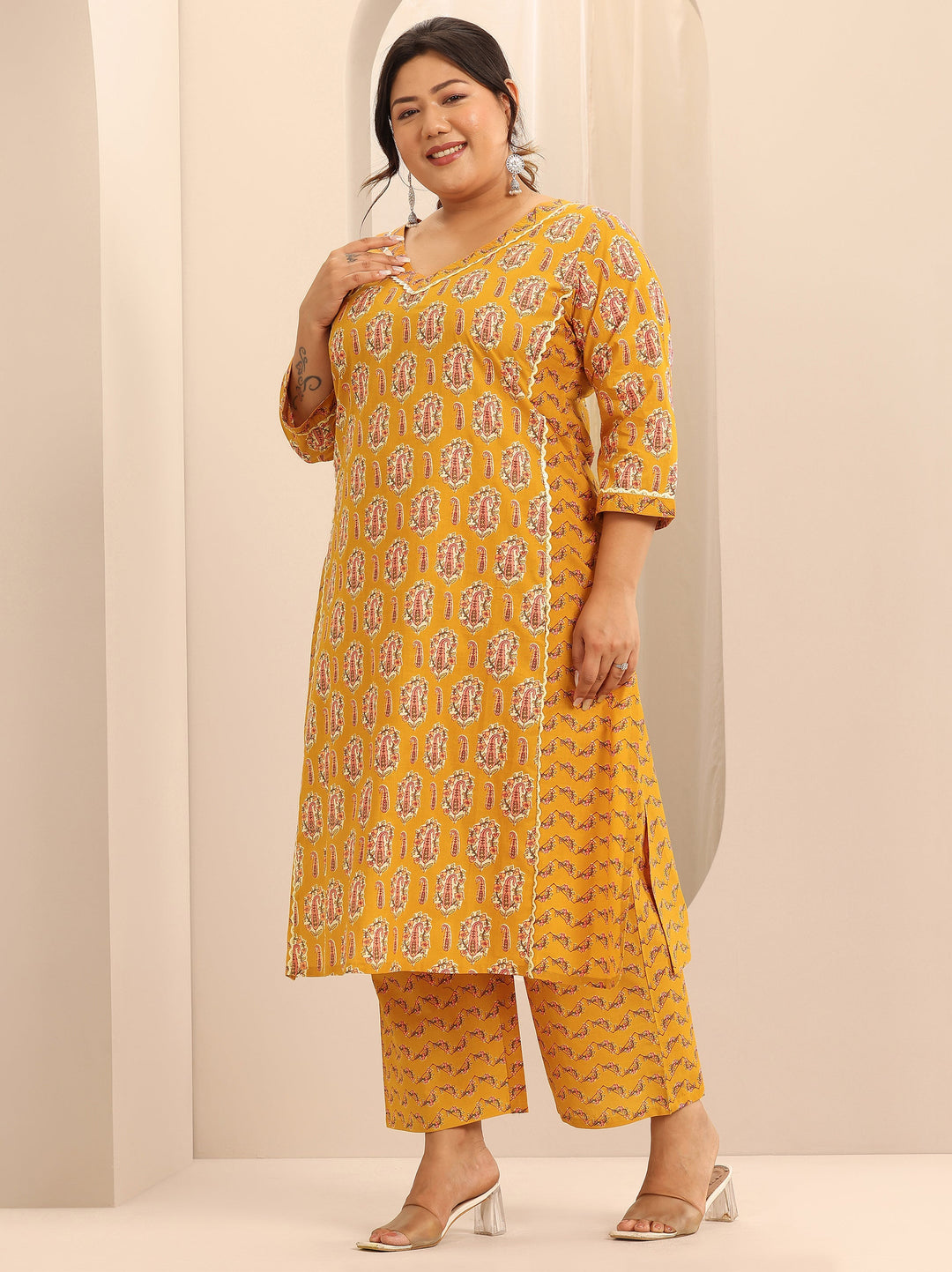 Plus Size Mustard Printed Cotton Straight Kurta Set