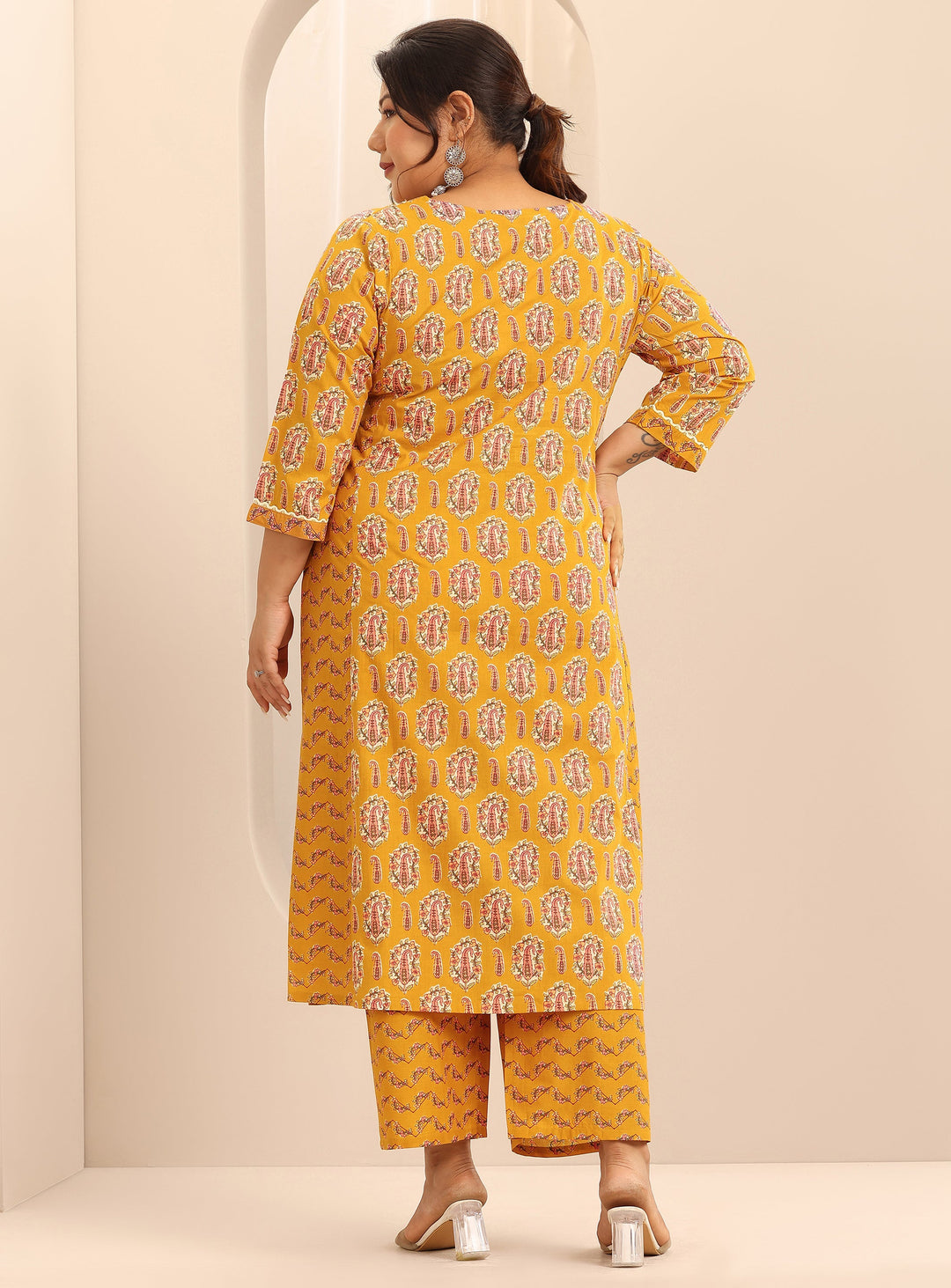 Plus Size Mustard Printed Cotton Straight Kurta Set