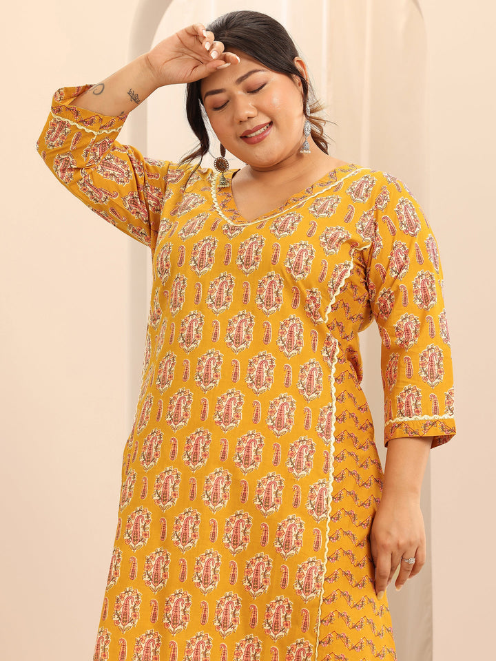 Plus Size Mustard Printed Cotton Straight Kurta Set