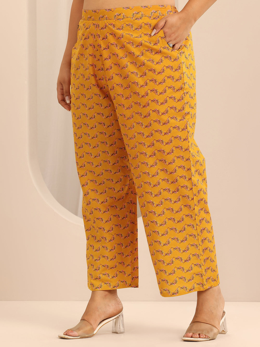 Plus Size Mustard Printed Cotton Straight Kurta Set