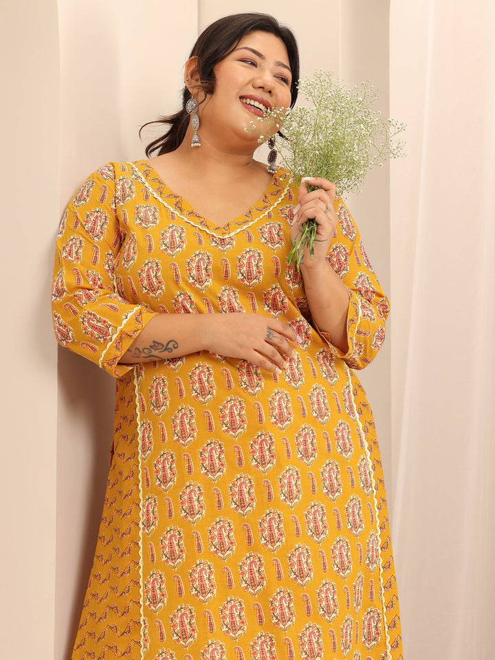 Plus Size Mustard Printed Cotton Straight Kurta Set