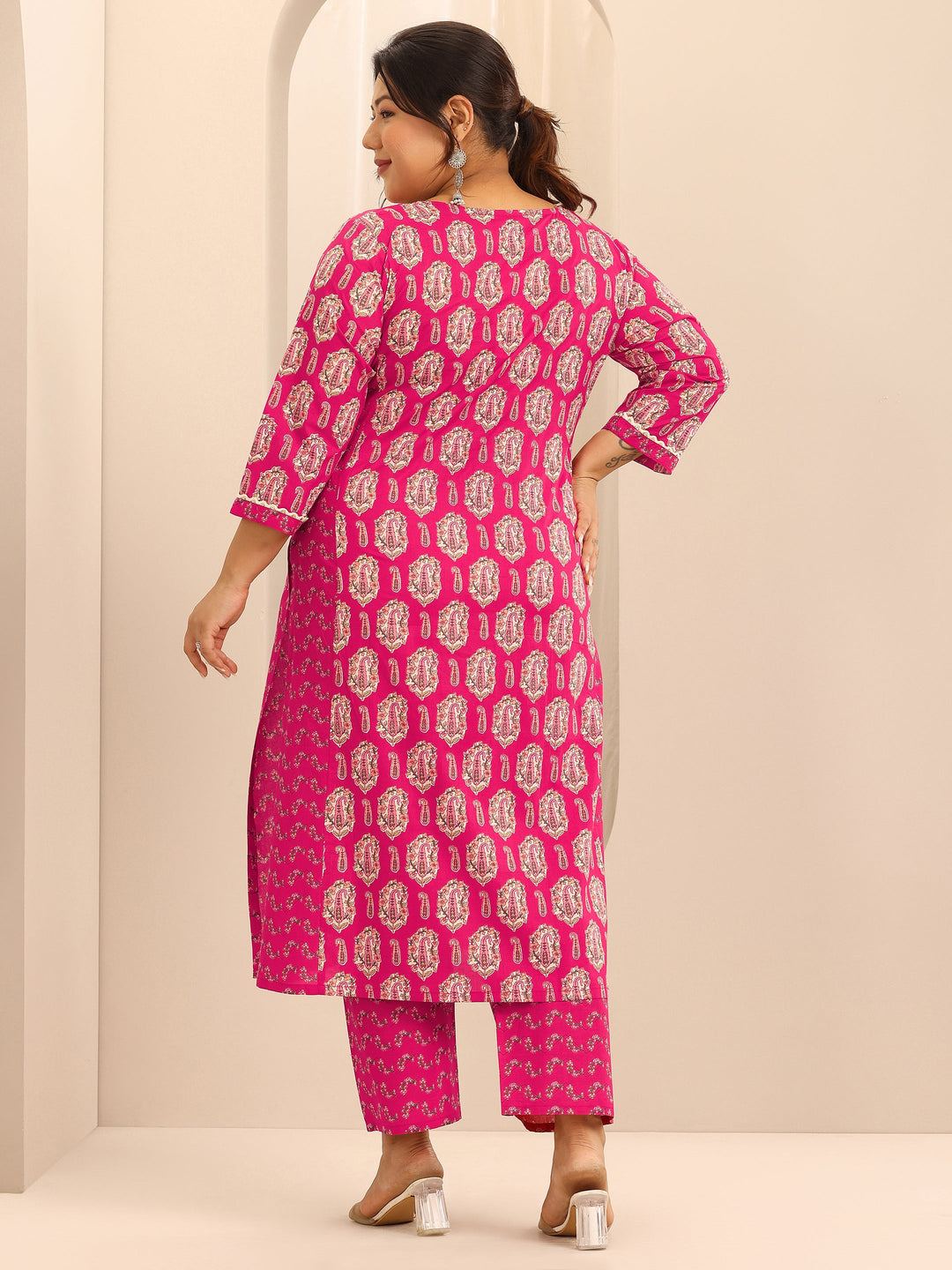 Plus Size Pink Printed Cotton Straight Kurta Set