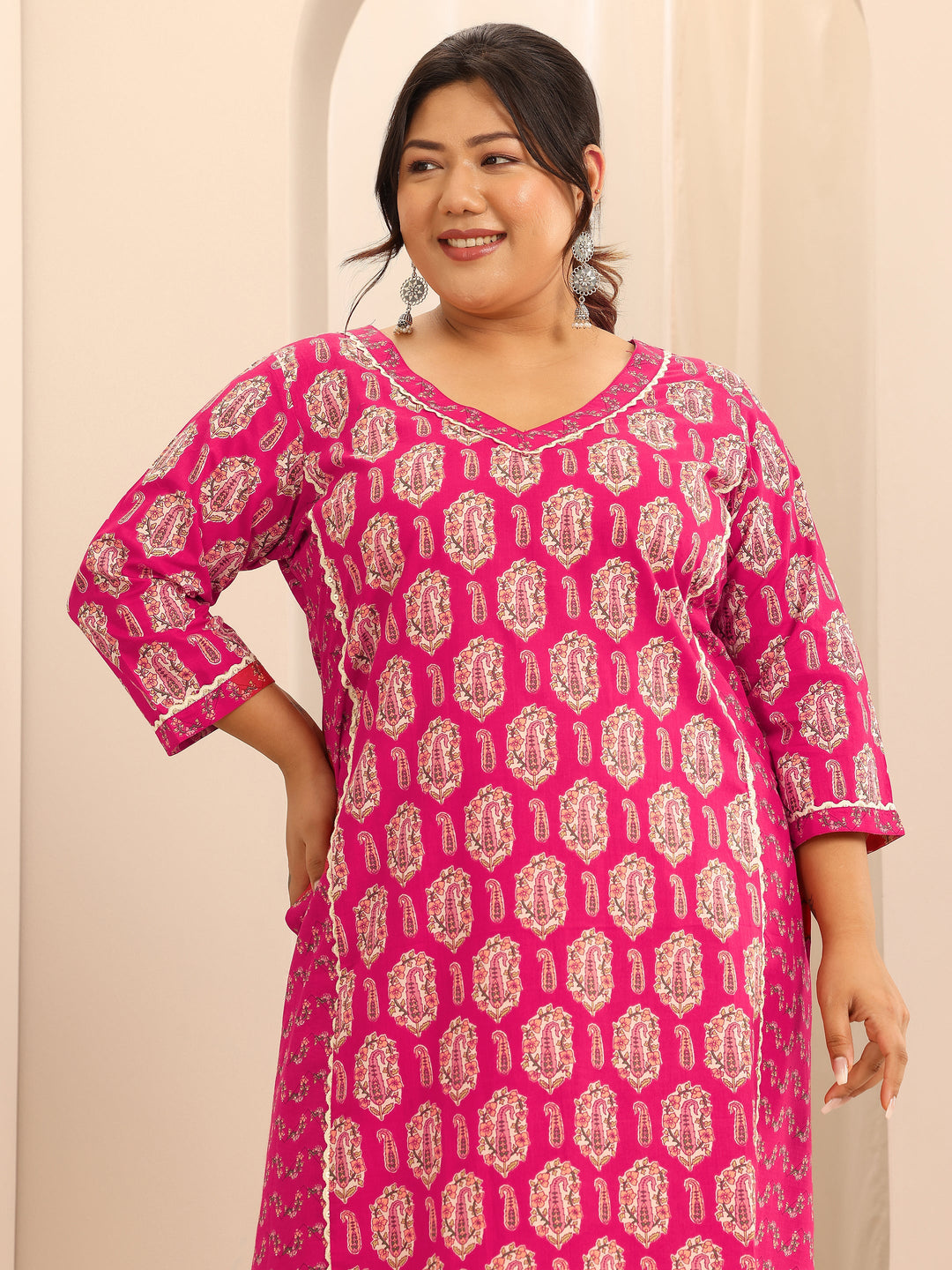 Plus Size Pink Printed Cotton Straight Kurta Set