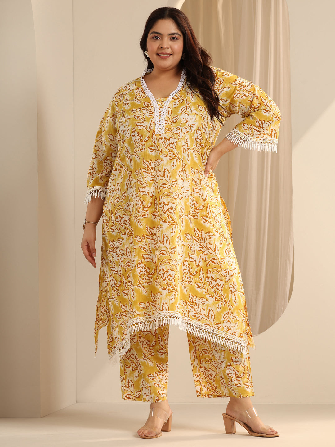 Yellow Printed Cotton Blend Straight Kurta Set