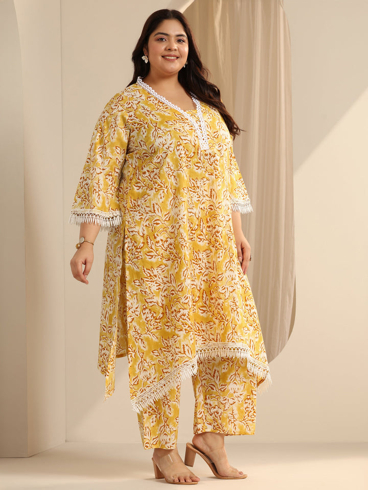 Yellow Printed Cotton Blend Straight Kurta Set