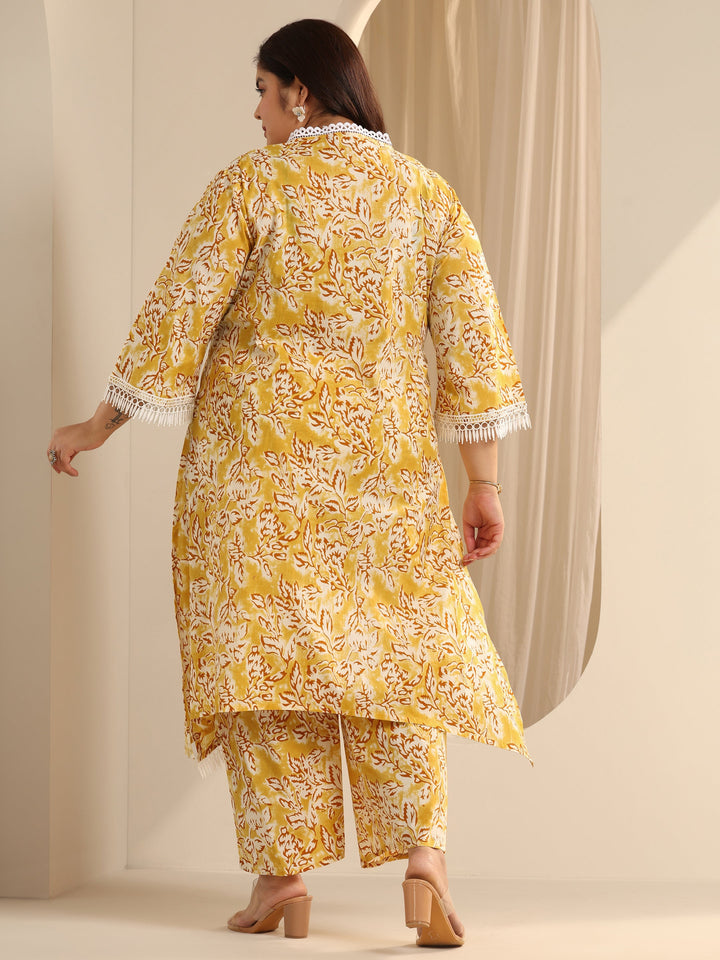 Yellow Printed Cotton Blend Straight Kurta Set