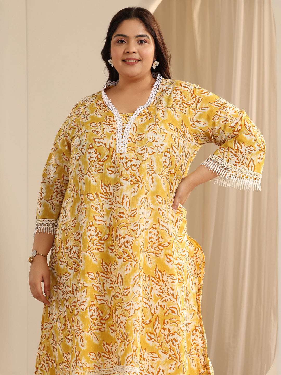 Yellow Printed Cotton Blend Straight Kurta Set
