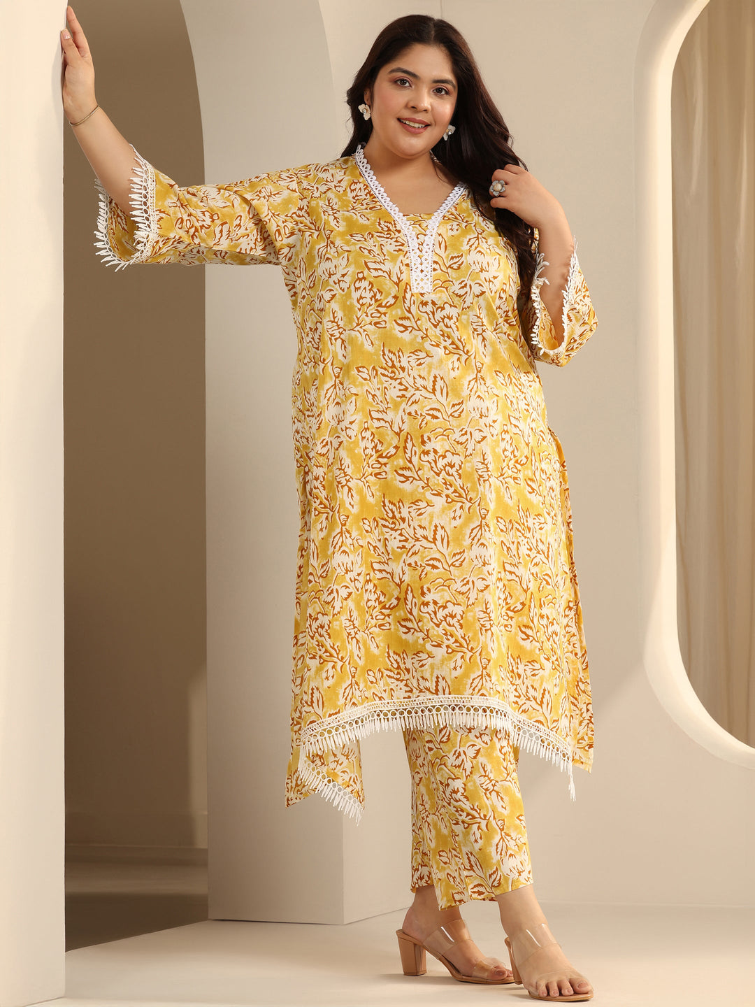 Yellow Printed Cotton Blend Straight Kurta Set