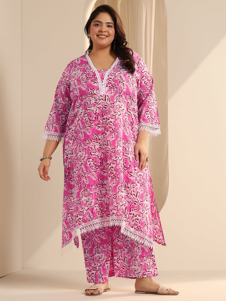 Pink Printed Cotton Blend Straight Kurta Set