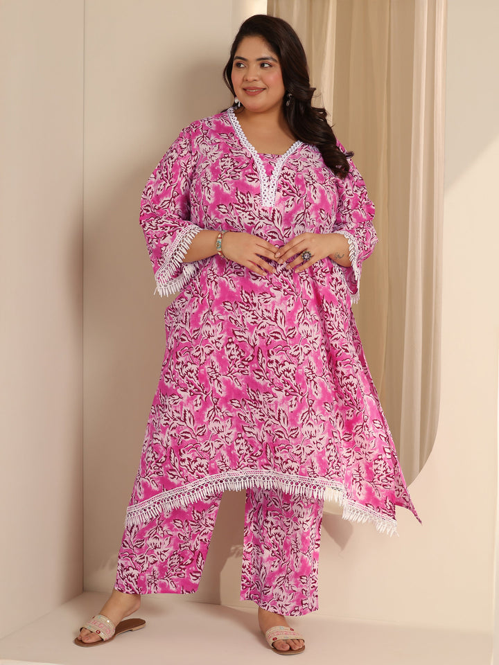 Pink Printed Cotton Blend Straight Kurta Set