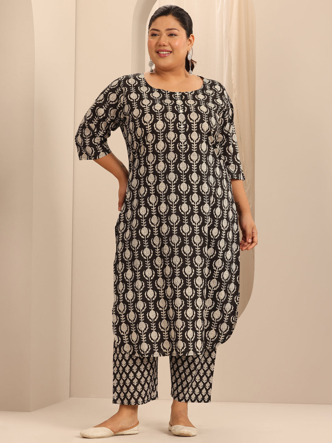 Plus Size Black Printed Cotton Straight Kurta Set