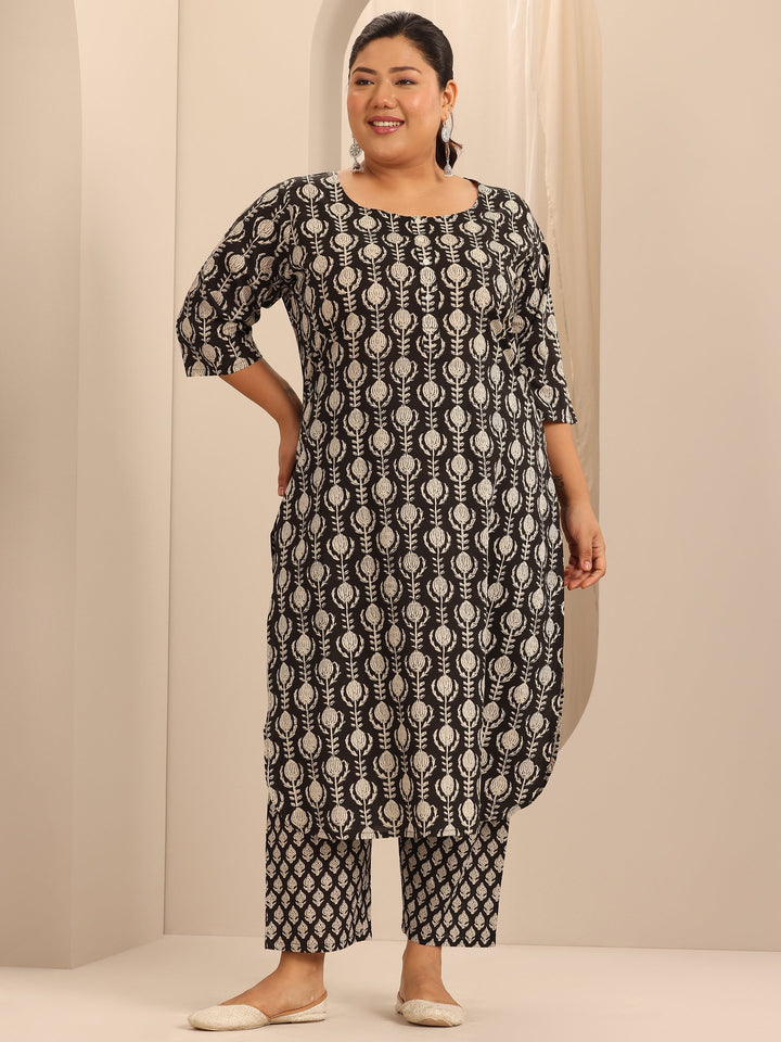 Plus Size Black Printed Cotton Straight Kurta Set