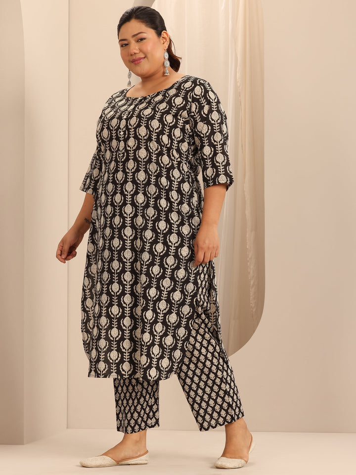 Plus Size Black Printed Cotton Straight Kurta Set