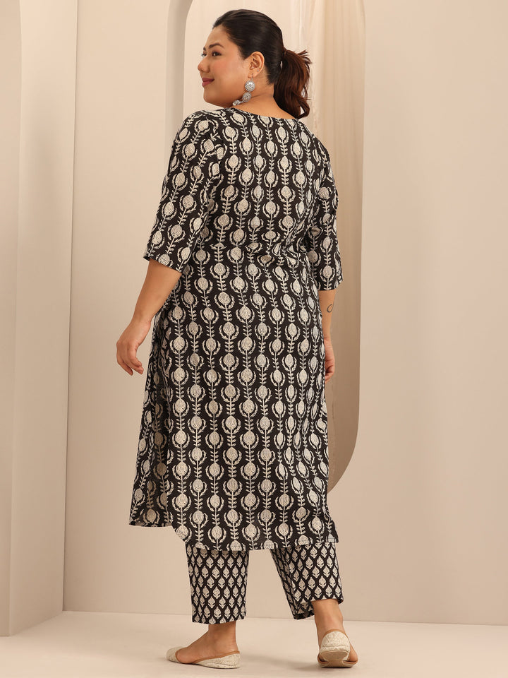Plus Size Black Printed Cotton Straight Kurta Set