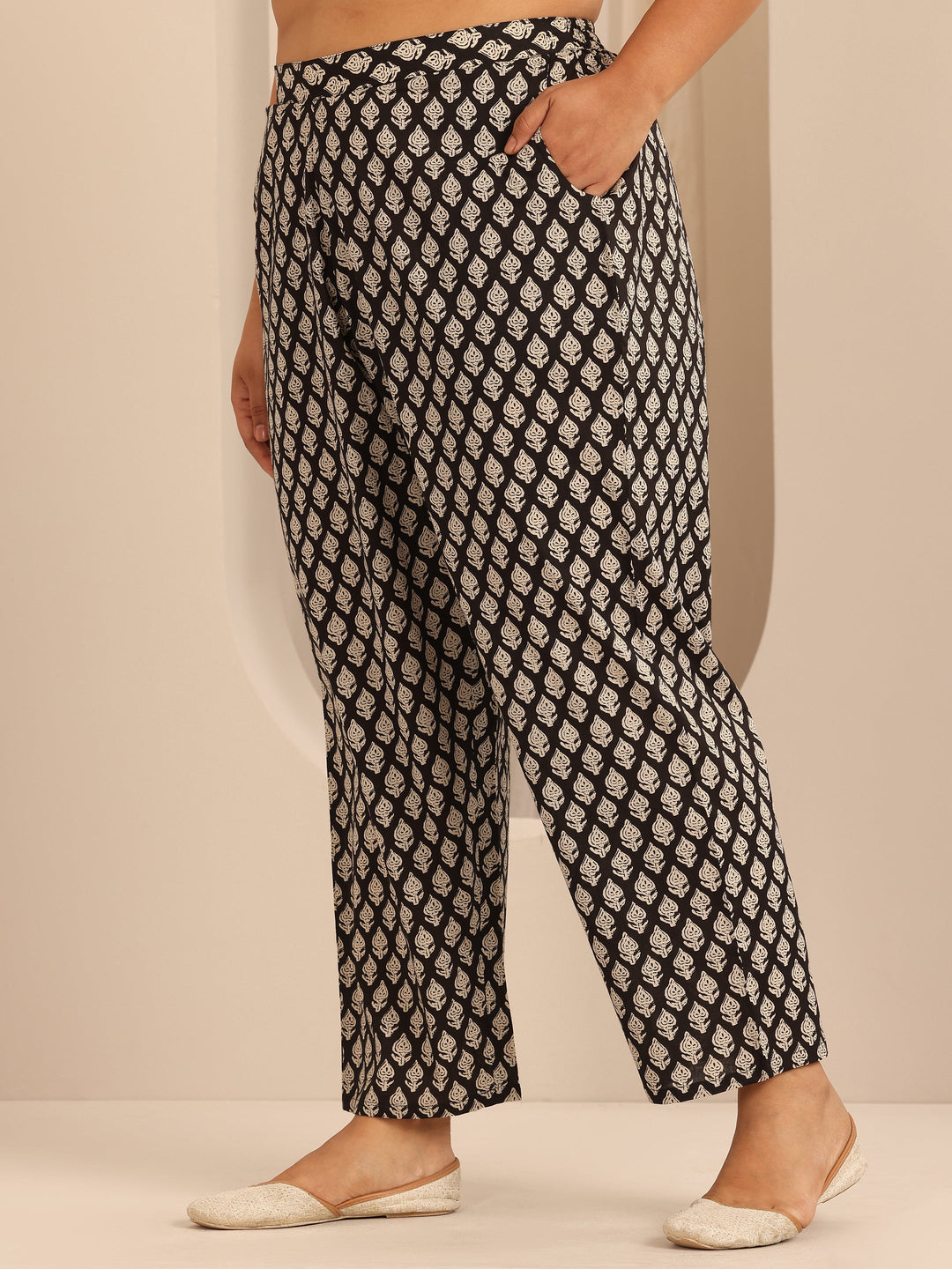 Plus Size Black Printed Cotton Straight Kurta Set