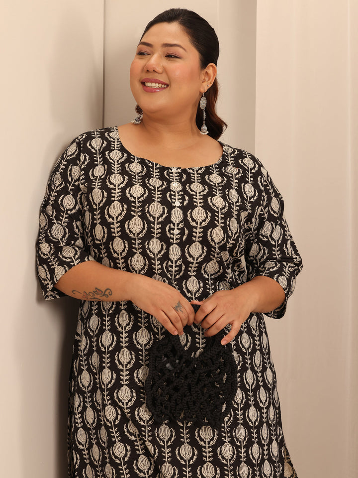 Plus Size Black Printed Cotton Straight Kurta Set