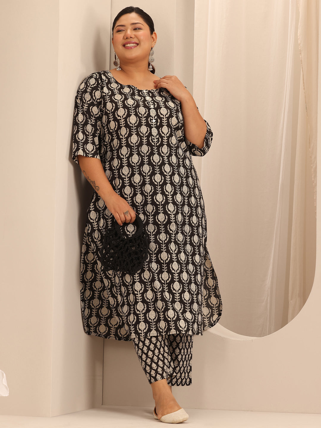 Plus Size Black Printed Cotton Straight Kurta Set