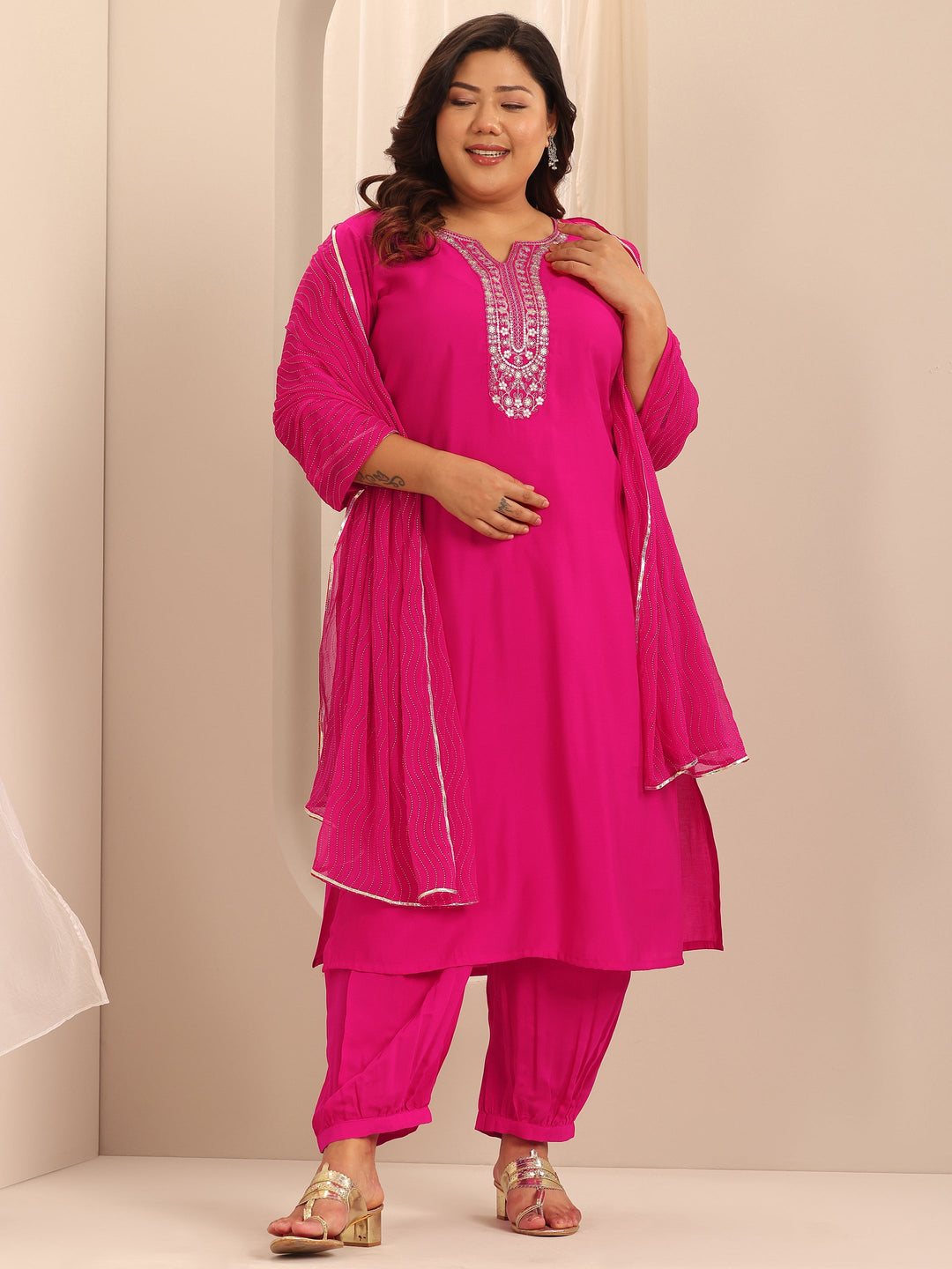 Plus Size Pink Yoke Design Silk Blend Straight Suit Set With Dupatta
