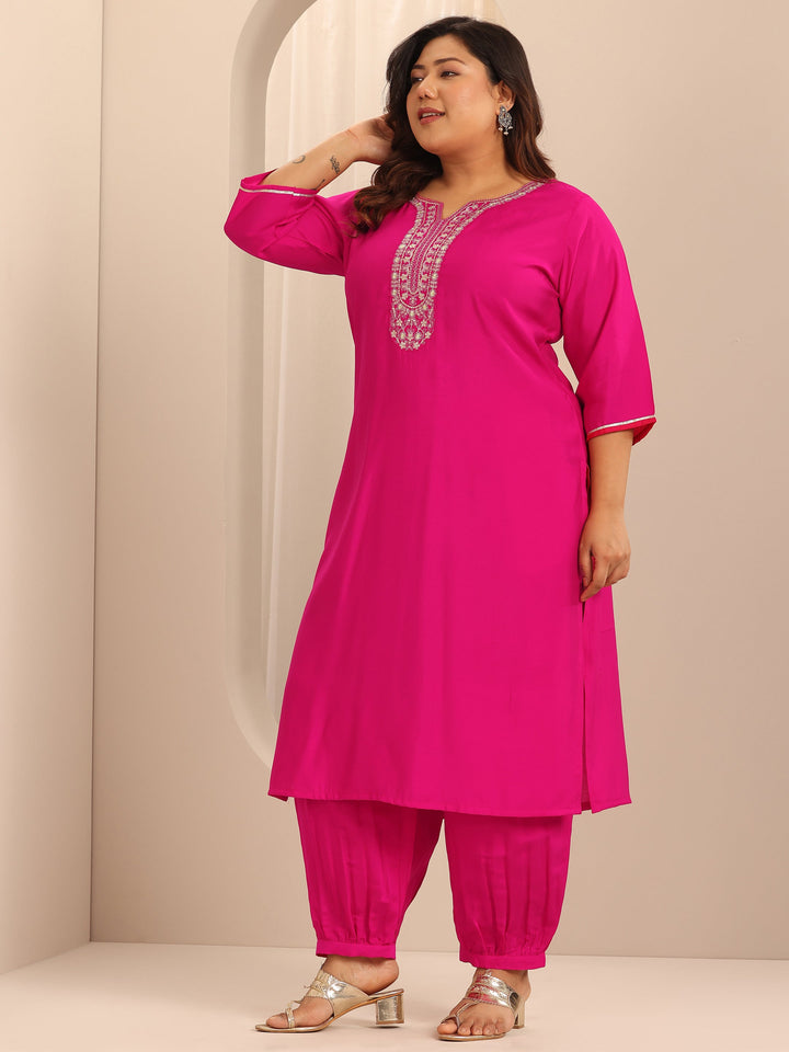 Plus Size Pink Yoke Design Silk Blend Straight Suit Set With Dupatta