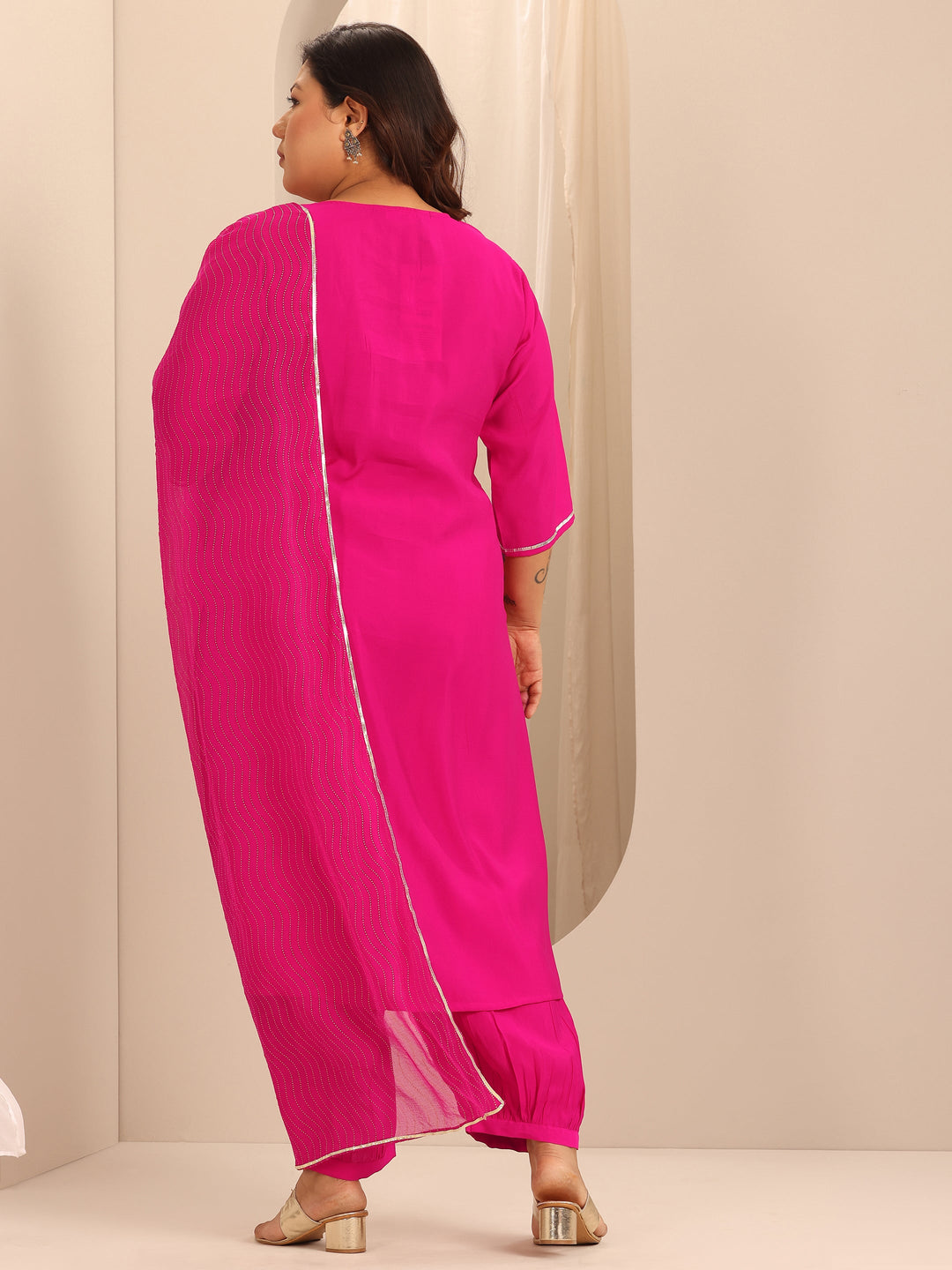 Plus Size Pink Yoke Design Silk Blend Straight Suit Set With Dupatta