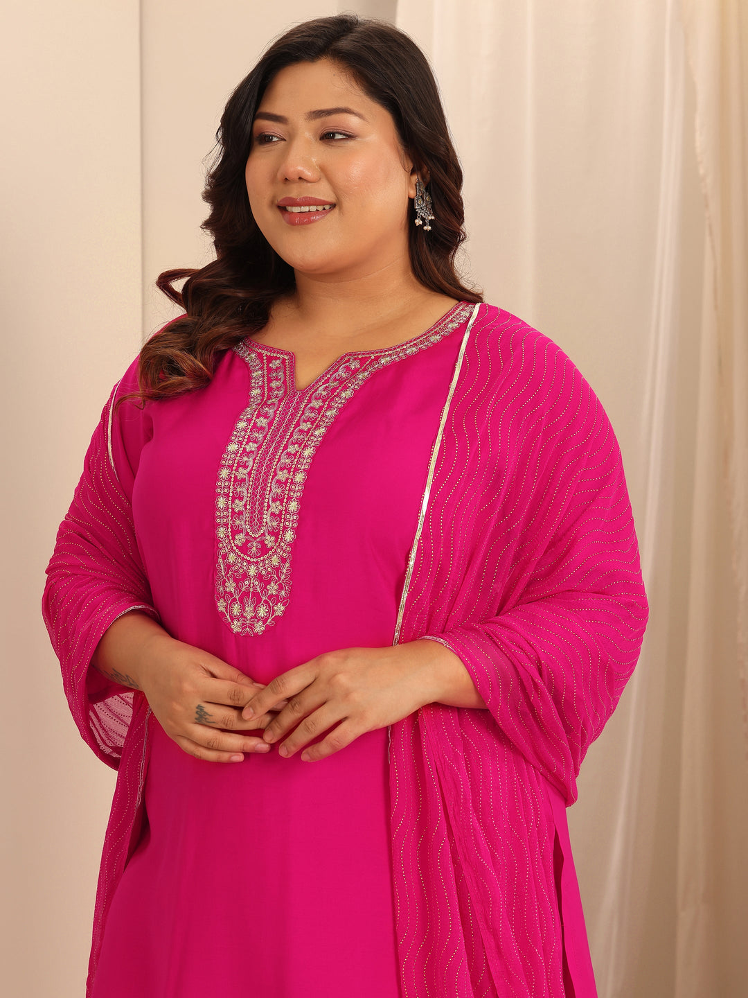 Plus Size Pink Yoke Design Silk Blend Straight Suit Set With Dupatta