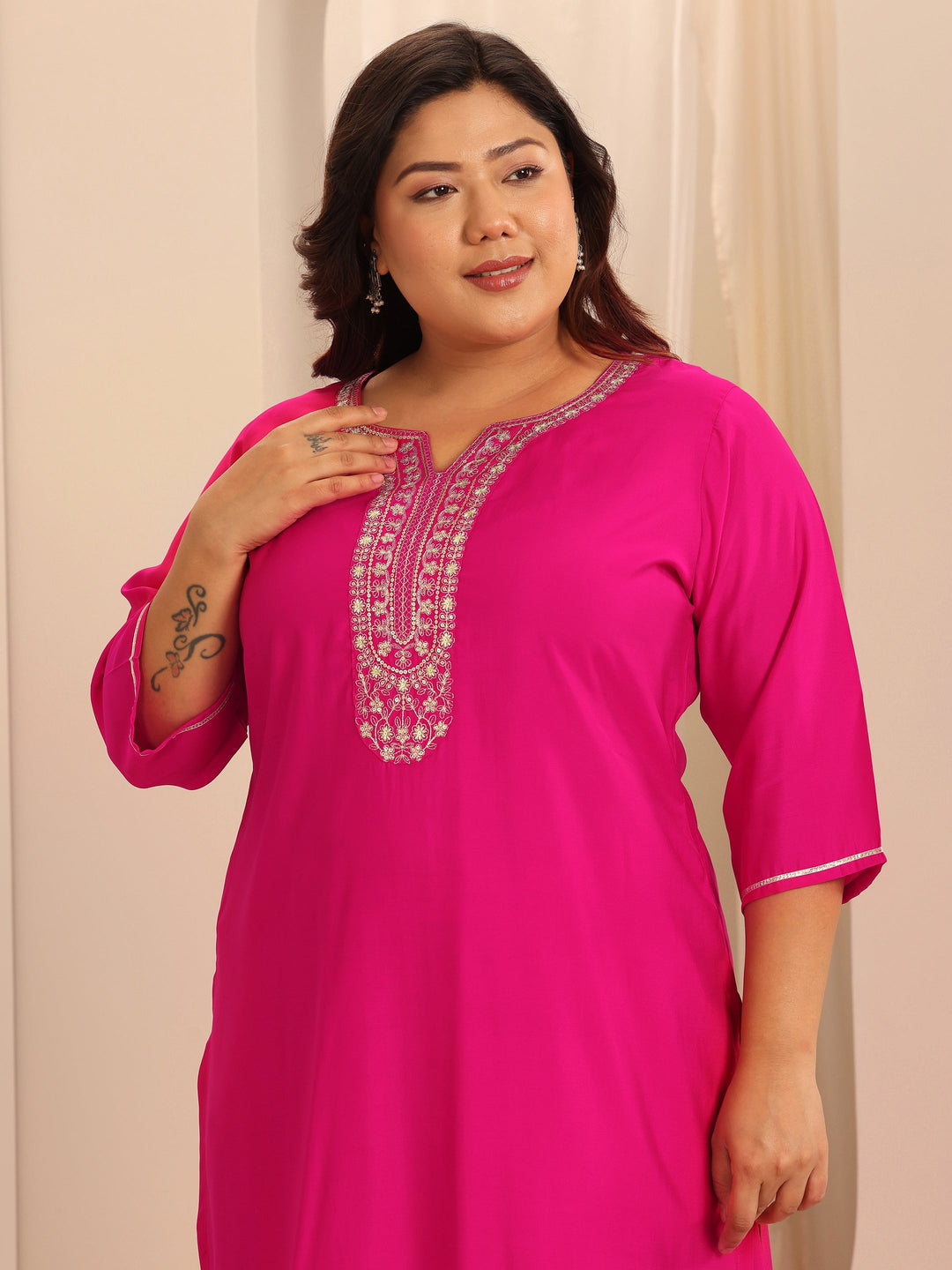 Plus Size Pink Yoke Design Silk Blend Straight Suit Set With Dupatta