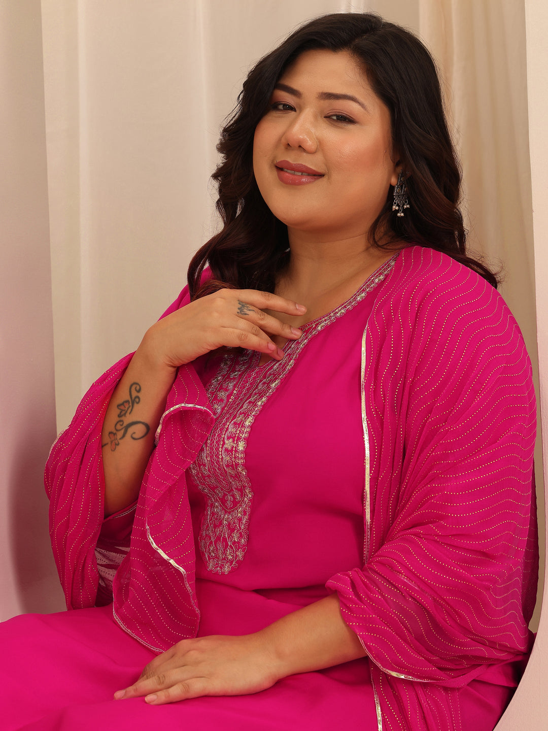 Plus Size Pink Yoke Design Silk Blend Straight Suit Set With Dupatta